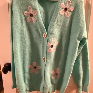 Mint knit cardigan with Floral Accents *Perfect for Spring!*